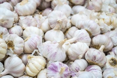 Beyaz sarımsak kazık doku. Pazar tablo closeup fotoğraf üstünde taze sarımsak.