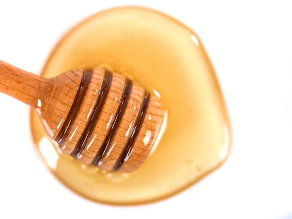 Honig Mit Holzdipper Isoliert Auf Weißem Hintergrund — Stockfoto