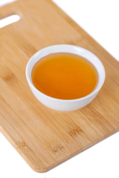 Honey White Ceramic Bowl Wooden Kitchen Board White Background — Stock Photo, Image