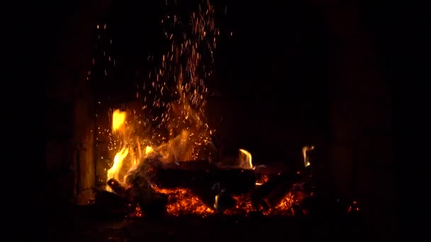 Fire Burns Brick Fireplace Keep Warm Slow Motion — Stock Video
