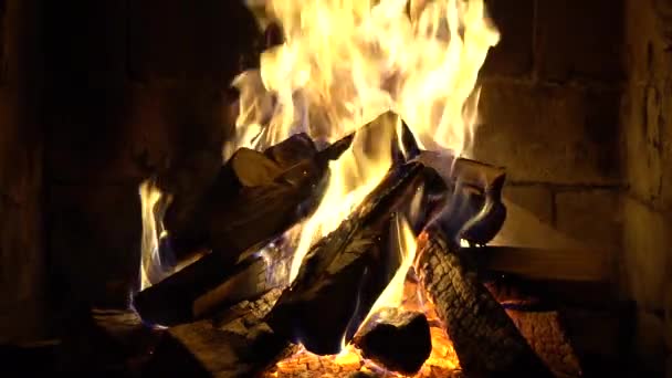 Een Vuur Verbrandt Een Bakstenen Open Haard Warm Houden Slow — Stockvideo
