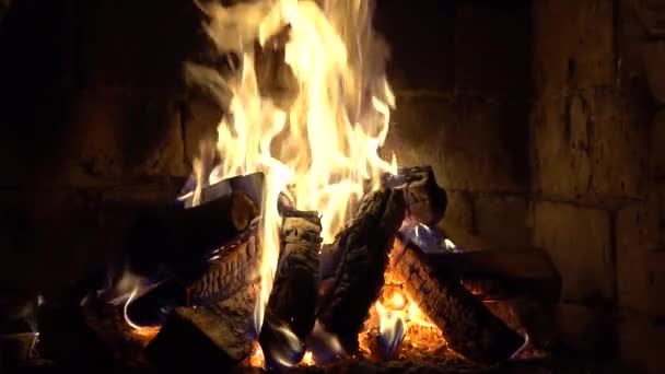 Μια Πυρκαγιά Καίει Μια Εστία Τούβλου Διατηρήστε Ζεστό Αργή Κίνηση — Αρχείο Βίντεο