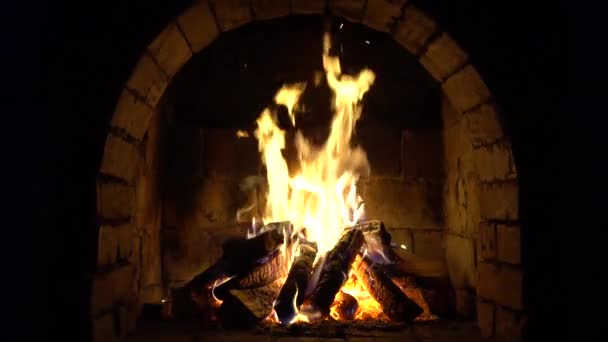 Fire Burns Brick Fireplace Keep Warm Slow Motion — Stock Video