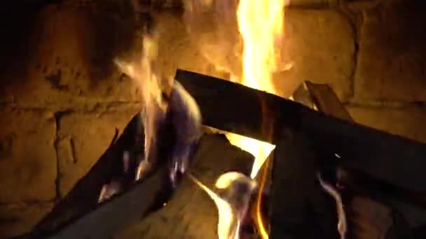 Fire Burns Brick Fireplace Keep Warm — Stock Video