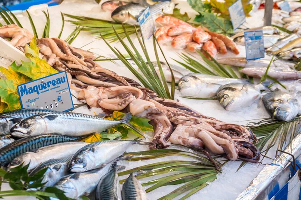 Fresh fish on ice in fish market.