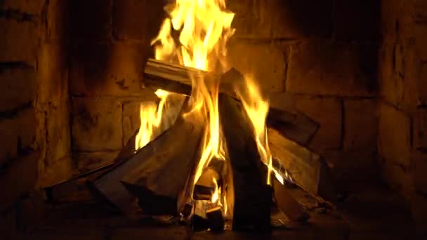 Fire Burns Brick Fireplace Keep Warm — Stock Video