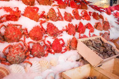 Açık balık pazarı ile Yengeç ve karides buz, Paris, Fransa.