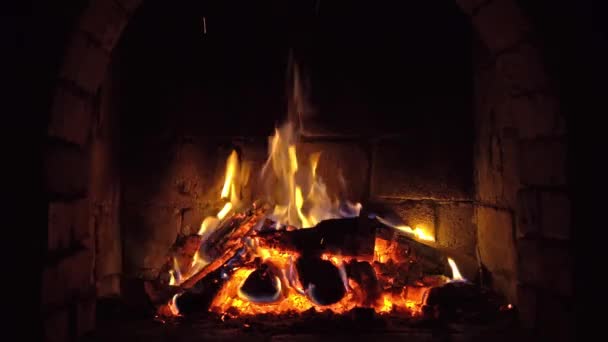 Fire Burns Brick Fireplace Keep Warm — Stock Video