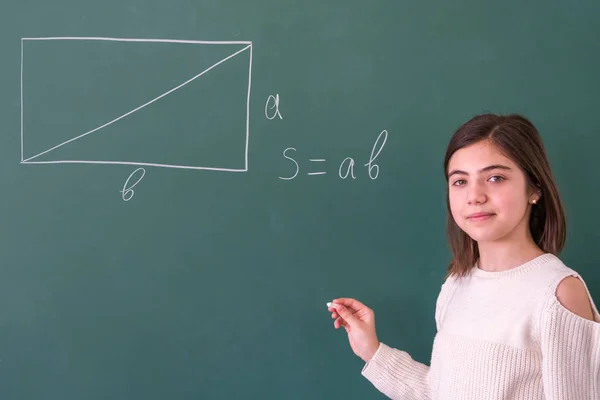 Beautifull Girl Resolves Mathematical Task Board Education — Stock Photo, Image