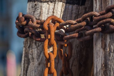Kanalda üzerinde paslanmış zincirleri tarafından birlikte sıkılaştırdık İskelesi ahşap direklerin