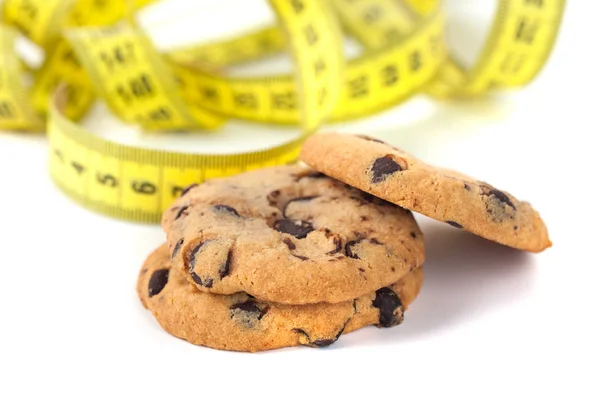 Chocolate Chip Cookie Measuring Tape Isolated White Diet Concept — Stock Photo, Image