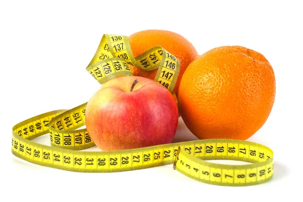 Appels Oranje Met Maatregel Tape Witte Achtergrond Gezonde Voeding — Stockfoto