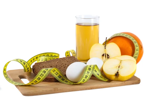 Breakfast Including Bread Eggs Orange Apple Juice Wooden Board Measurement — Stock Photo, Image