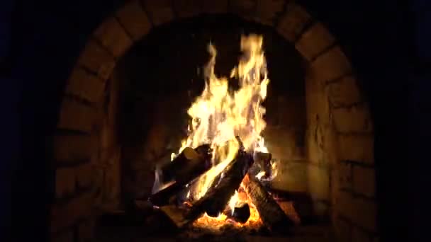 Fire Burns Brick Fireplace Keep Warm — Stock Video