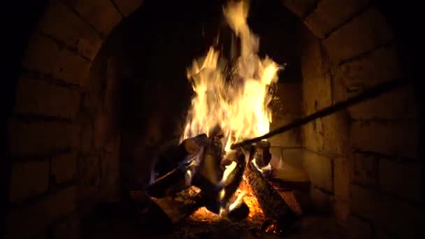 Fire Burns Brick Fireplace Keep Warm — Stock Video