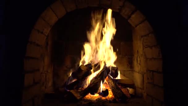 Fire Burns Brick Fireplace Keep Warm — Stock Video