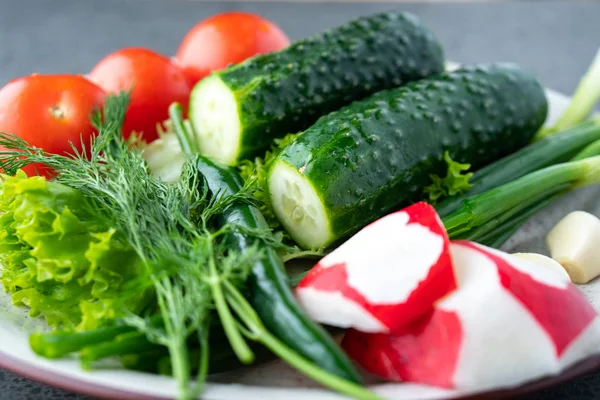 Concombre, tomate, radis, persil, oignon et autres légumes sur — Photo