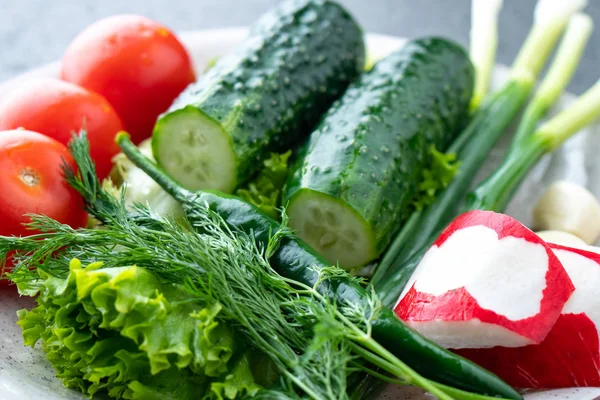 Concombre, tomate, radis, persil, oignon et autres légumes sur — Photo