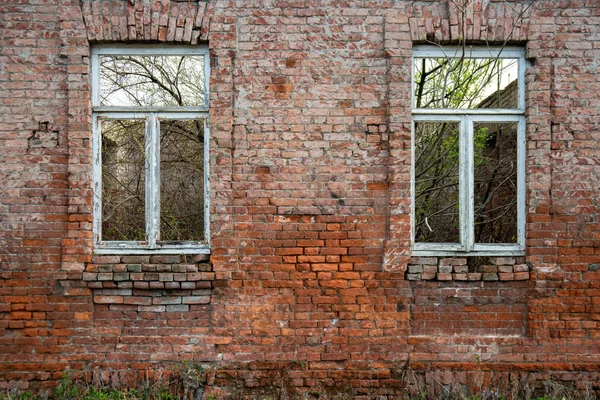 Vieja pared de ladrillo con ventanas viejas y crecimientos — Foto de Stock