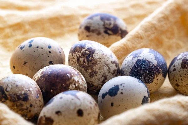 Маленькие перепелиные яйца на ткани, продукт — стоковое фото