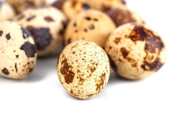 Ovos de codorniz isolados sobre fundo branco. de perto — Fotografia de Stock