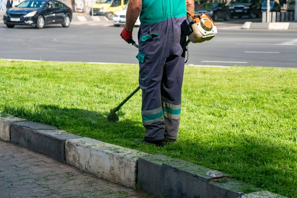 Il giardiniere che taglia l'erba dal tosaerba — Foto Stock