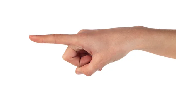 Zeigt menschliche Hand isoliert auf weißem Hintergrund — Stockfoto