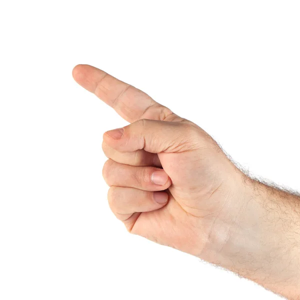 Zeigt menschliche Hand isoliert auf weißem Hintergrund — Stockfoto