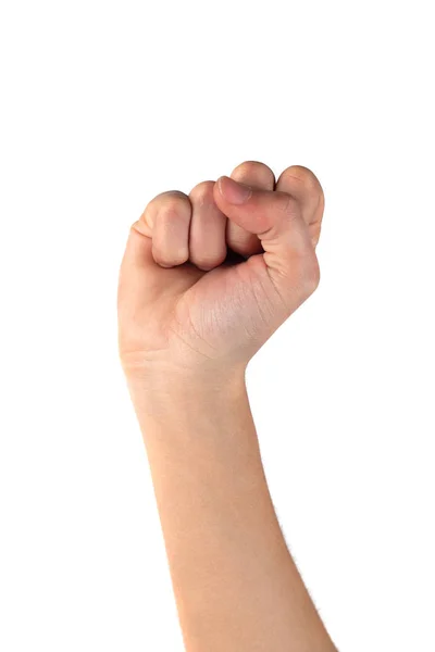 白い背景に指で拳に折り畳まれた女性の手 — ストック写真