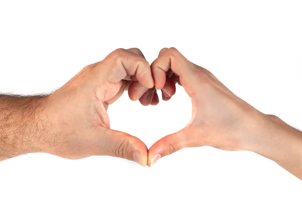 Female and male hands in the form of heart on white background — Stock Photo, Image