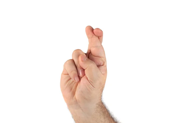 Daumen gekreuzte Hand Zeichen, Glückssymbol auf weiß — Stockfoto
