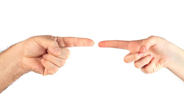 Две указывающие человеческие руки на белом фоне . — стоковое фото