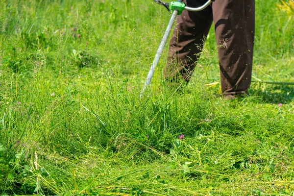 El jardinero cortando hierba por cortacésped, cuidado del césped — Foto de Stock