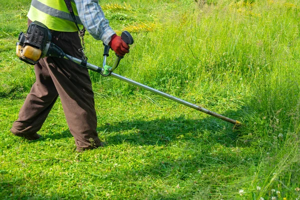 El jardinero cortando hierba por cortacésped, cuidado del césped —  Fotos de Stock