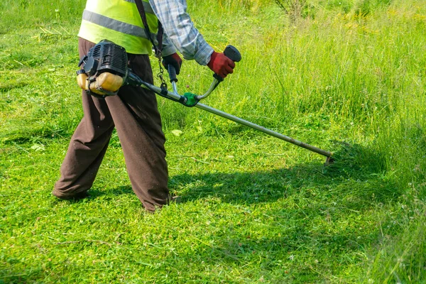 El jardinero cortando hierba por cortacésped, cuidado del césped —  Fotos de Stock