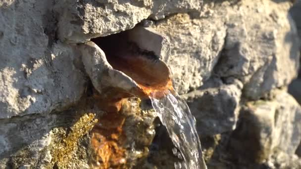 Bliska Widok Fontannę Wodną Woda Pochodzącym Otworu Ścianie Pokrytej Glonami — Wideo stockowe