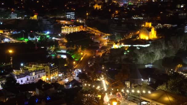 Noche Vista Del Distrito Histórico Abanotubani Vakhtang Gorgasali Square Tiflis — Vídeos de Stock