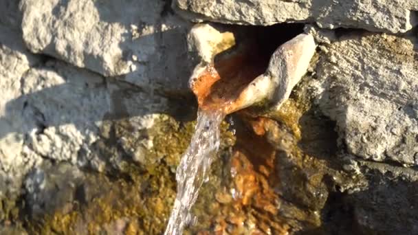 Vue rapprochée d'une fontaine à eau. Eau provenant d'un trou sur le mur recouvert d'algues. Svetitskhoveli, Mtskheta .