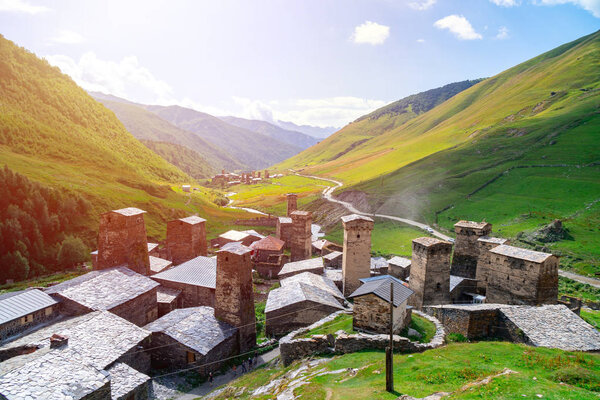 View of the Ushguli village at the foot of Mt. Shkhara. Pictures