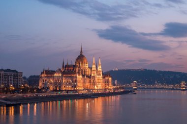 Budapeşte parlamentosu nun havadan görünümü ve Sunse'deki Tuna Nehri