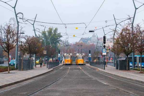 Budapest, Hungría - 11.12.2018: Tranvías amarillos de estilo antiguo en la mi — Foto de Stock