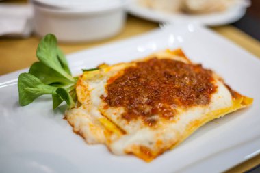 Lazanya salata ile beyaz bir tabak tabaktabak tabaktabak tabaktabak tabaktabak tabaktabak tabaktabak tabaktabak tabaktabak tabaktabak tabaktabak tabaktabak tabaktabak tabaktabak tabak İtalyan yemekleri.