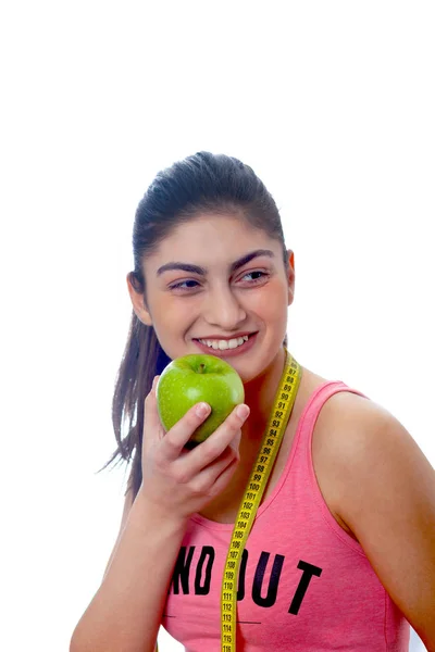 Mooie jonge gezonde meid met appel en maat. Dieet. Isola — Stockfoto