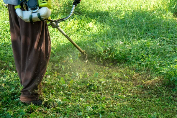 El jardinero cortando hierba por cortacésped, cuidado del césped . — Foto de Stock