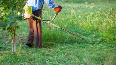 Bahçe çim biçme makinesi, çim bakımı ile çim kesme bahçıvan.