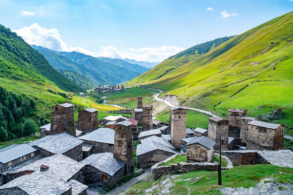 View of the Ushguli village at the foot of Mt. Shkhara. Pictures