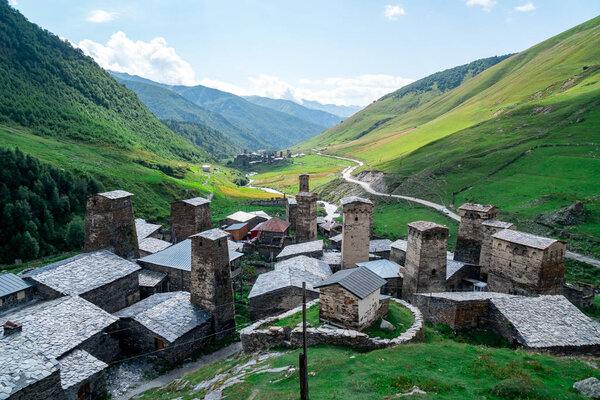 View of the Ushguli village at the foot of Mt. Shkhara. Pictures