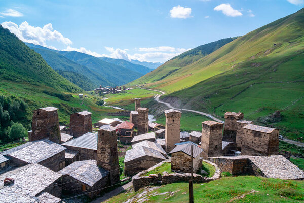 View of the Ushguli village at the foot of Mt. Shkhara. Pictures