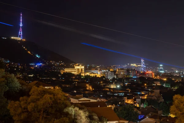 Night view of Tbilisi, TV tower and other landmarks. Georgia.