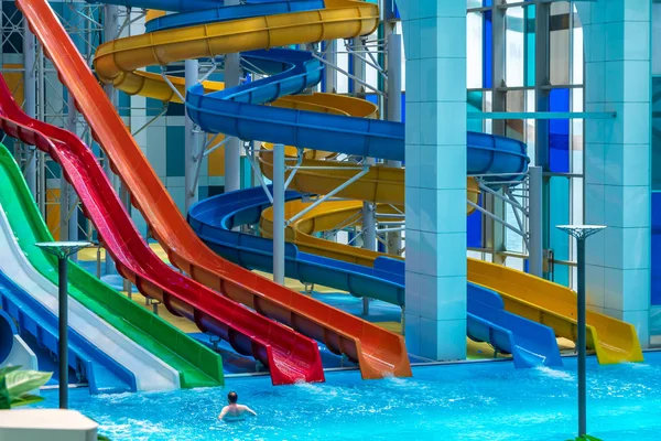 Shekvetili, Georgia - 29.05.2019: Aquapark sliders with pool in — Stock Photo, Image